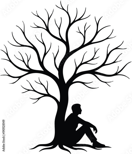A person sitting in silhouette under a bare tree on transparent background