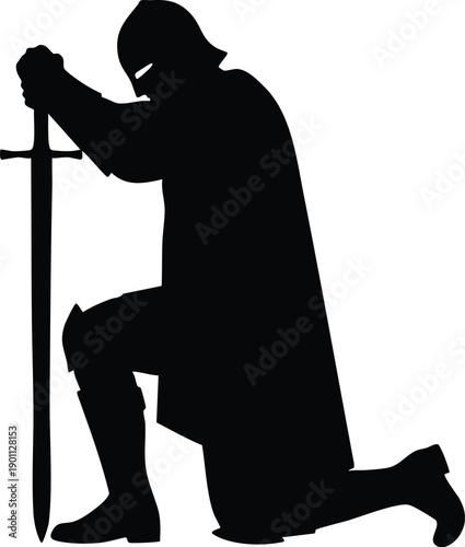 A dramatic silhouette of a person kneeling with a sword on transparent background