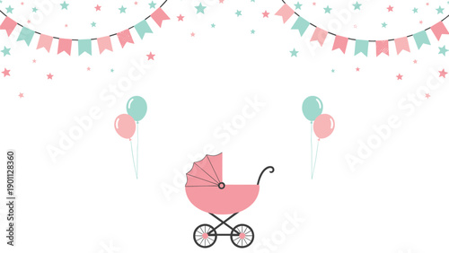 Cute baby shower background featuring a pink pram, balloons, and decorative garlands against a white backdrop for celebration.