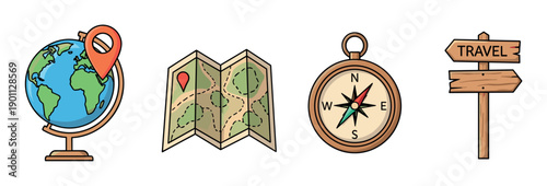 Four colorful travel and navigation icons including a globe with a location pin, a folded map, a compass, and a wooden signpost in a hand-drawn cartoon illustration style