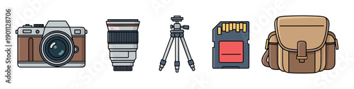 Collection of photographer's gear icons featuring a vintage camera, zoom lens, tripod, SD card, and shoulder bag, drawn in a clean, modern flat design with thick outlines