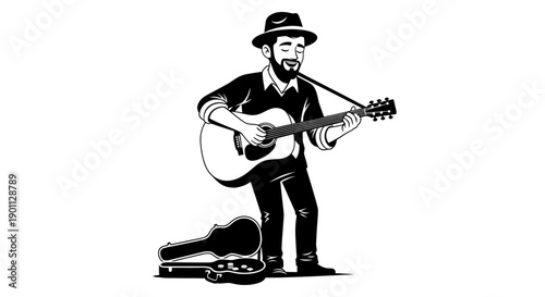 Street musician busker playing acoustic guitar line art illustration.