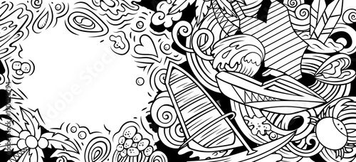 Summer beach hand drawn doodle banner. Cartoon vector detailed flyer. Illustration with summertime objects and symbols. Line art background