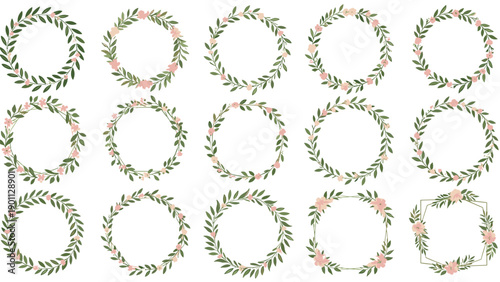 Wreaths and circular floral frames set features delicate pink flowers and green leaves in various hand-drawn designs for wedding decor.
