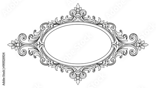 Elaborate vintage oval frame drawing showcases intricate scrollwork and ornate filigree details in a black and white decorative style.