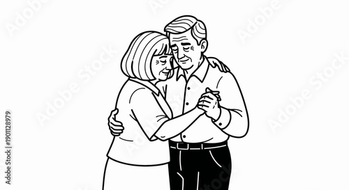 Elderly couple slow dancing together line art illustration.