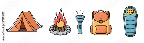 Set of colorful camping equipment icons including a tent, campfire, flashlight, backpack, and sleeping bag in a flat cartoon line art style for outdoor adventure concepts