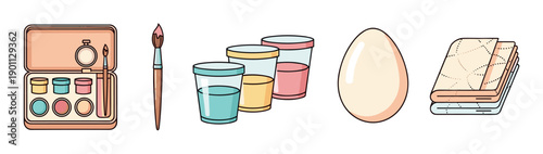 Set of egg decorating supplies including a watercolor paint box, a brush, colorful dyes in glasses, a plain egg, and napkins for a creative spring holiday activity