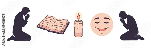 Spiritual icon set with praying silhouettes, a holy book, a burning candle, and a calm face, representing prayer, faith, worship, and inner peace in a simple cartoon style