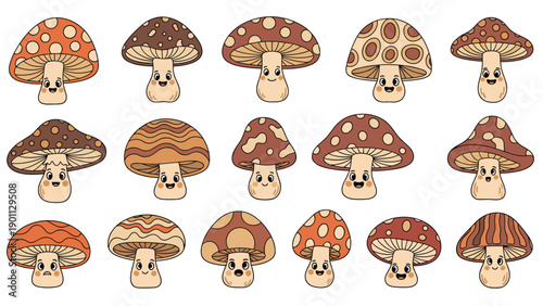 Adorable collection of happy cartoon mushrooms with cheerful faces, featuring various sizes and cap patterns, isolated on white.