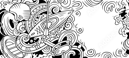 Water sports hand drawn doodle banner. Cartoon vector detailed flyer. Illustration with summer sports objects and symbols. Sketchy line art background
