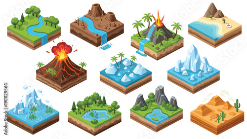 Natural landscape isometric tiles provide a variety of terrains like mountain ranges, beaches, forests, and erupting lava volcanoes.