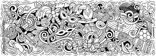 Brazil vector illustration with carnival, Amazon jungle, football, beaches, coffee and cultural icons. Ideal for travel, tourism, nature and adventure themes