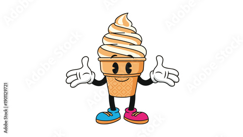Whimsical ice cream cone character with a smiling face, arms, and legs, posing cheerfully on a white background.