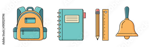 Collection of school and education icons featuring a backpack, spiral notebook, pencil, ruler, and handbell, presented in a colorful and minimalist flat line art vector graphic style