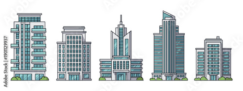 Collection of five modern city buildings illustrated in a clean, flat line art style, showcasing various architectural designs for skyscrapers, offices, and apartments