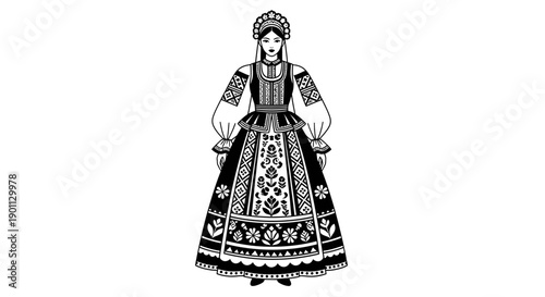 Traditional Slavic woman in folk costume vector illustration.