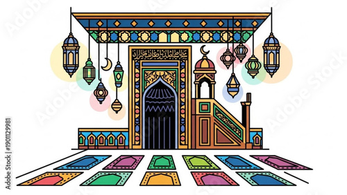 Vibrant mosque entrance with colorful prayer mats and hanging lanterns islamic architecture