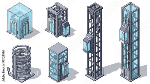 Collection of various modern elevator designs including glass observation lifts and enclosed shafts in an isometric view.
