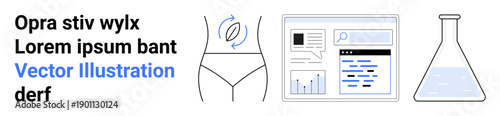 Health management, scientific research, data analytics, wellness tracking, digital interfaces, laboratory experiments. Features a womans torso, analytics dashboard and a laboratory flask. Health