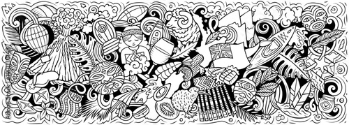 New Zealand vector illustration with nature, Maori culture, mountains, beaches, wildlife and adventure activities. Perfect for travel, tourism and holiday design projects