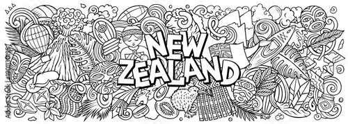 New Zealand vector illustration with nature, Maori culture, mountains, beaches, wildlife and adventure activities. Perfect for travel, tourism and holiday design projects