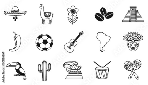 Latin America culture icon set, traditional symbols of South America and Mexico.