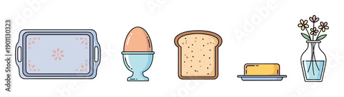 Set of cute breakfast food icons with a tray, boiled egg, toast, butter, and flowers in a vase, drawn in a simple line art style with pastel colors