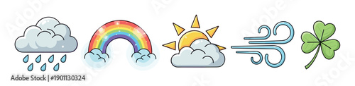 Collection of weather and luck symbols illustrated in a charming cartoon style, showing a rainy cloud, a vibrant rainbow, a partly cloudy sun, a gust of wind, and a green shamrock