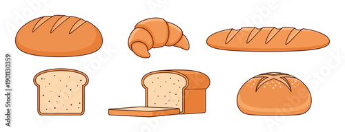 Collection of various illustrated bread types including a loaf, croissant, baguette, and toast slice in a simple, clean cartoon style with bold outlines and warm, flat colors
