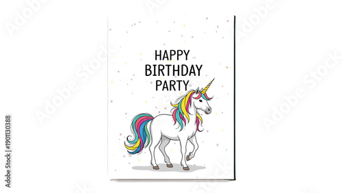 Vibrant happy birthday party card featuring a majestic unicorn with a colorful rainbow mane and tail, set against a festive background.