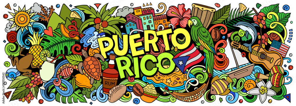 Naklejka premium Puerto Rico cartoon doodle vector banner design. Funny Puerto Rican whimsical illustration. Caribbean tropical elements in a playful style