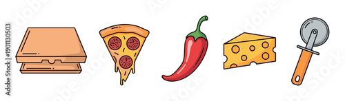 Pizza making and eating icon set with a delivery box, pepperoni slice, chili pepper, cheese, and a cutter, presented in a colorful cartoon vector illustration style for food concepts