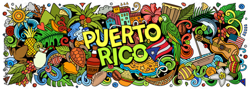 Puerto Rico cartoon doodle vector banner design. Funny Puerto Rican whimsical illustration. Caribbean tropical elements in a playful style