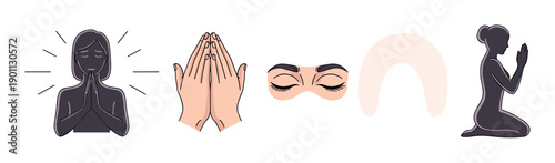 Set of spiritual prayer and meditation icons featuring a woman's silhouette, folded hands, closed eyes, and a kneeling figure in a clean, minimalist illustration style