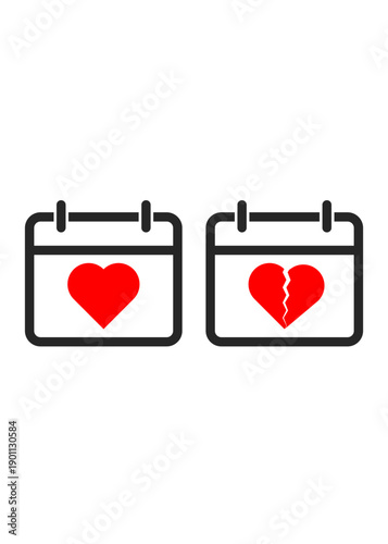 Two calendar icons showing a red heart on the left and a cracked heart on the right. This represents the emotional shift from love to a breakup over time.