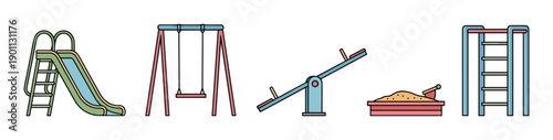 Colorful set of playground equipment illustrations including a slide, swing, seesaw, sandbox, and climbing frame in a simple, clean line art style for children's activities