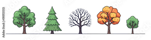 Set of five cartoon style trees showing the four seasons with summer, autumn, winter, and evergreen plants in a simple, hand-drawn doodle illustration