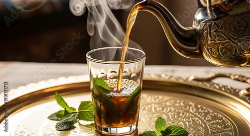 Steaming traditional herbal infusion poured from ornate metal kettle into a small glass with fresh green mint leaves arabic maghreb ramadan