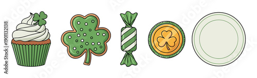 Collection of St Patrick's Day sweets and symbols including a cupcake, shamrock cookie, candy, and a gold coin in a cute cartoon illustration style for holiday designs