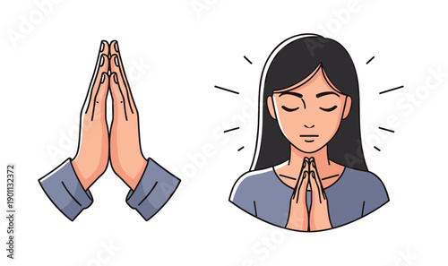 Praying hands and a woman meditating peacefully depicting spiritual devotion, mindfulness, and inner peace in a simple, illustrative style.