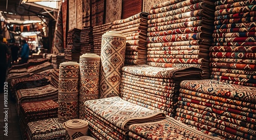 Commercial display of stacked handmade carpets and tightly rolled traditional textile rugs filling a colorful marketplace stall with rich oriental