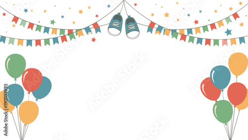 Cheerful baby shower background featuring hanging baby shoes, colorful garlands, scattered stars, and vibrant balloons for celebration.