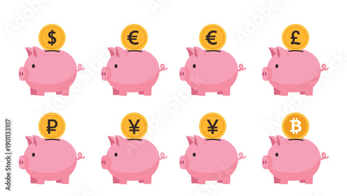 Collection of eight pink piggy banks with various currency symbols including dollar, euro, pound, bitcoin, yen, and ruble, representing global savings.