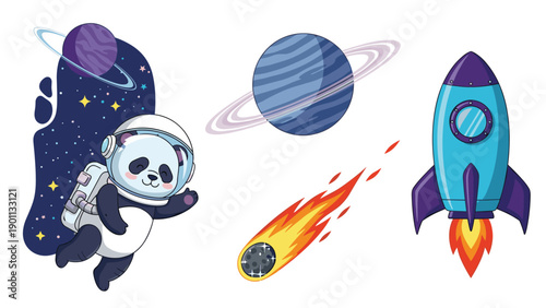 Adorable cartoon panda astronaut floating happily in outer space, surrounded by colorful planets, a comet, and a rocket.