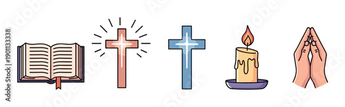 Set of Christian religious icons including a holy bible, two crosses, a lit candle, and praying hands in a simple doodle cartoon style for faith and worship concepts