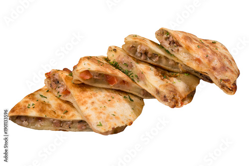 Beef quesadilla with melted cheese, cut out and isolated on transparent background, suitable for food design, menu, and advertising use.