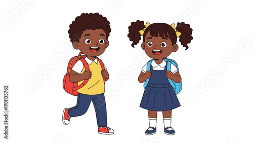 Cheerful cartoon illustration of a happy boy and girl student with backpacks, ready for school or a new adventure.
