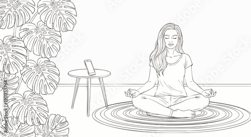 Young woman meditating in lotus pose on a rug, with a smartphone on a small table and large tropical leaves in a minimalist room.