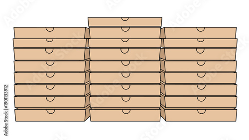 Large stack of various blank brown pizza boxes, neatly organized and ready for delivery or storage on a white background.